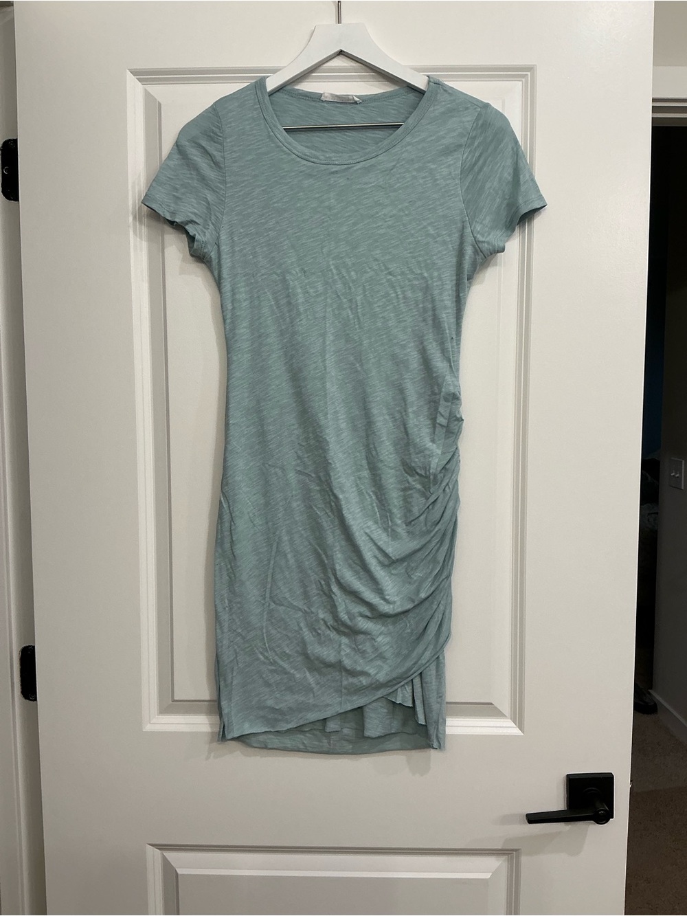 Short Sleeve Ruched Side Midi Dress in Light Teal - Women